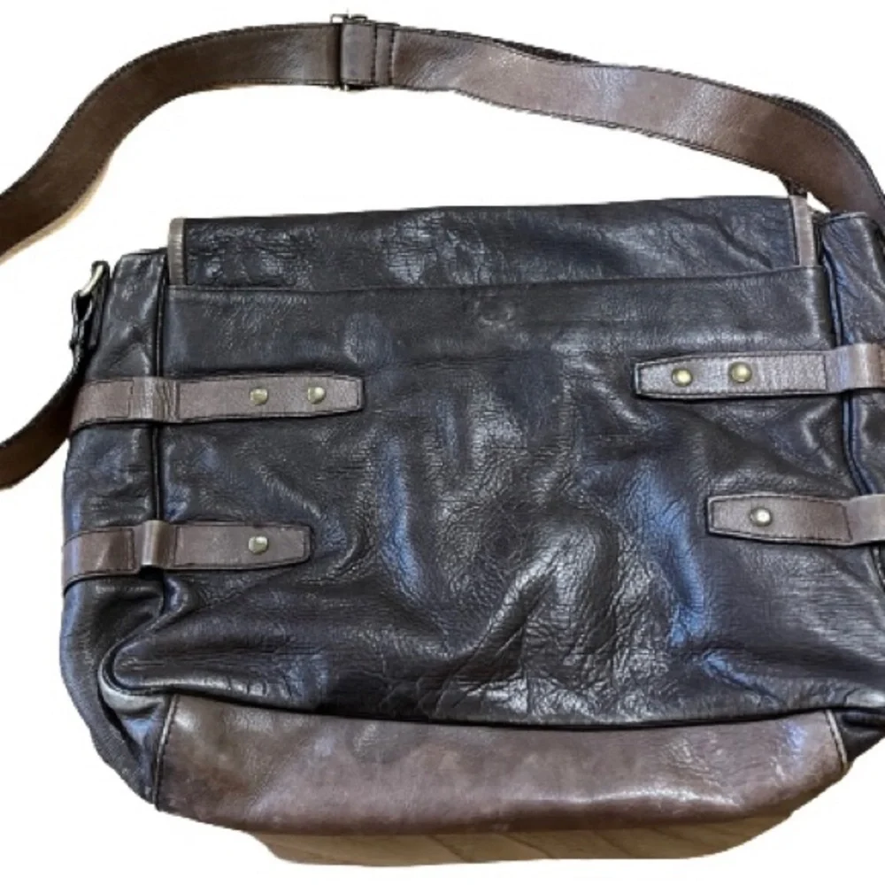 Cole Haan Two-Tone Brown Distressed Pebbled Leather Messenger Bag - Unisex